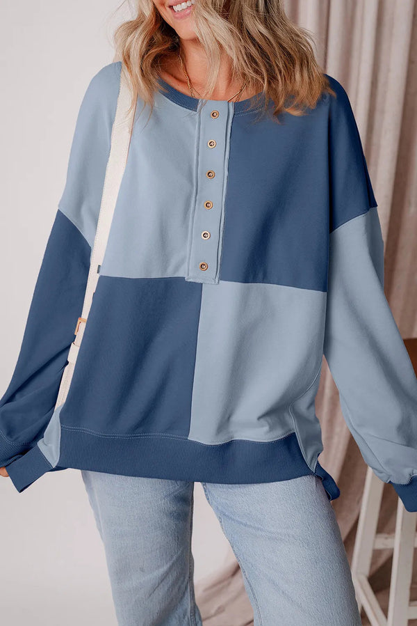 Beau Blue Colorblock Henley High Low Oversize Sweatshirt Bigbuy