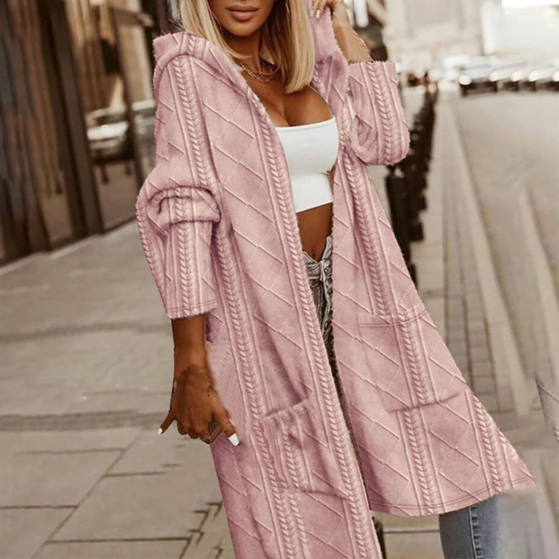 Women's Textured Hooded Longline Jacket, Solid Color Casual Oversized Top With Pockets For Fall & Winter Bigbuy