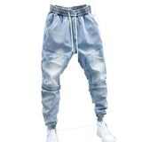 Men's New Light Blue Jeans Elastic Ankle Banded Pants Bigbuy