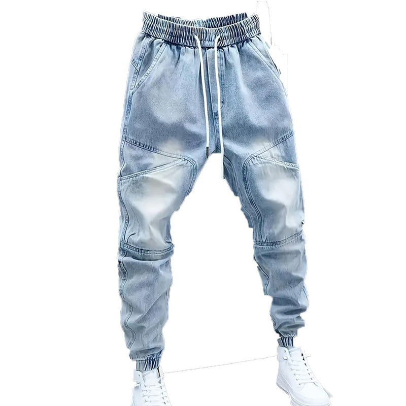 Men's New Light Blue Jeans Elastic Ankle Banded Pants Bigbuy