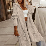 Women's Textured Hooded Longline Jacket, Solid Color Casual Oversized Top With Pockets For Fall & Winter Bigbuy