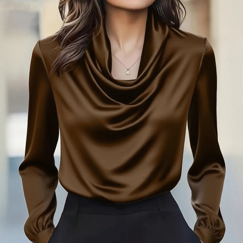 Women's Elegant Draped Neck Blouse, Solid Color Ruffle Detail Long Sleeve Shirt For Office And Formal Wear Bigbuy