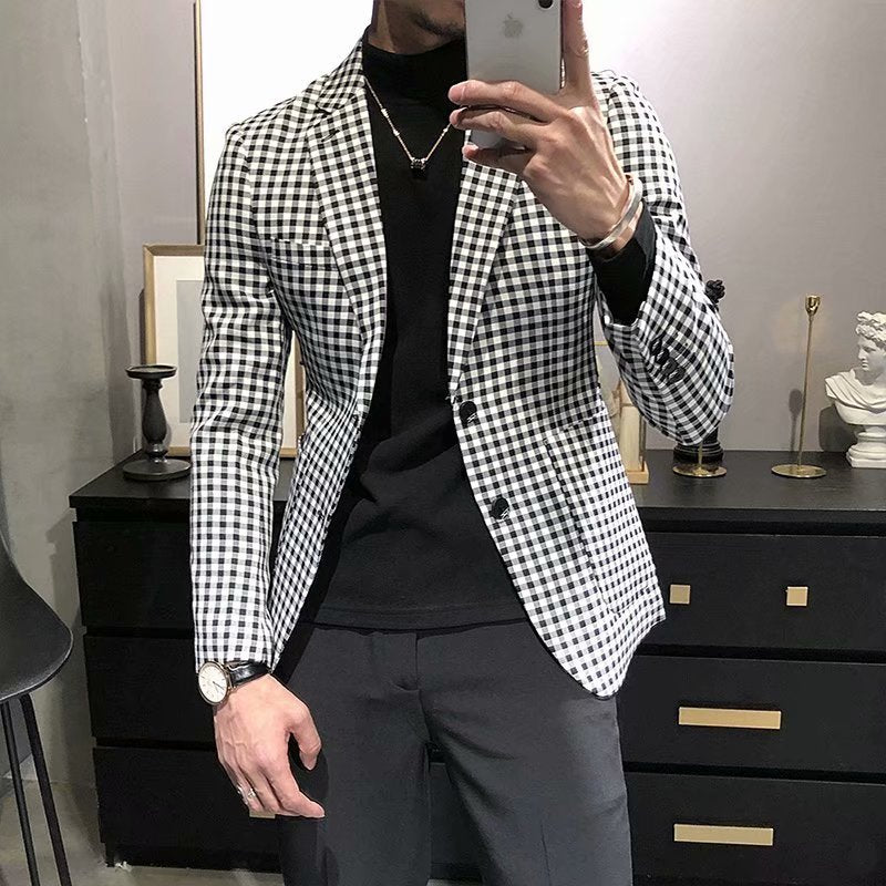 Casual Slim-fit Black And White Plaid Artistic Youth Fashion Jacket Bigbuy