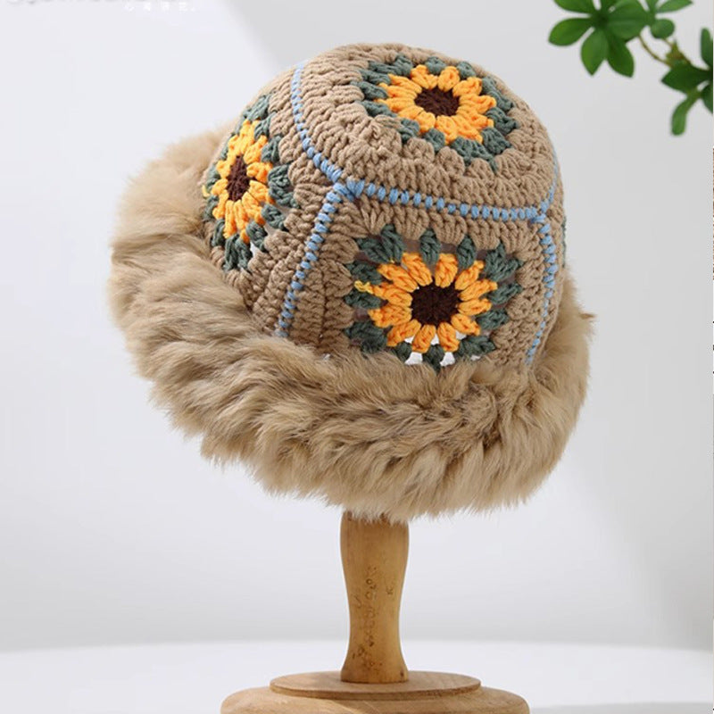 Rabbit Fur Knitted Warm-keeping And Cold-proof Handmade Crochet Bucket Hat Bigbuy