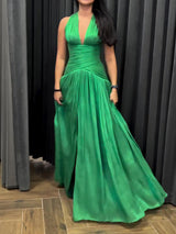 Emerald Green Plunging Neckline Gown With Pleated Skirt And Side Slit Bigbuy