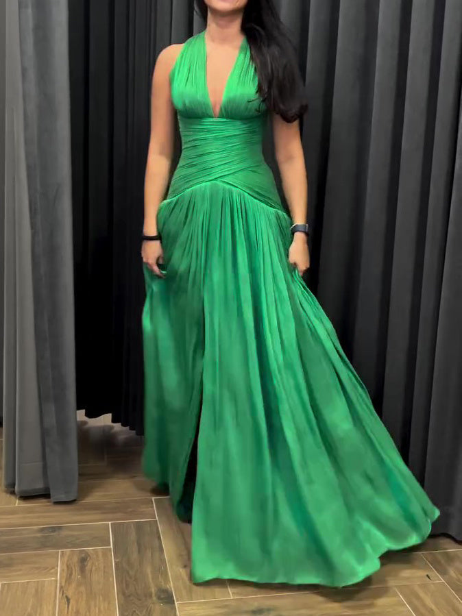 Emerald Green Plunging Neckline Gown With Pleated Skirt And Side Slit Bigbuy