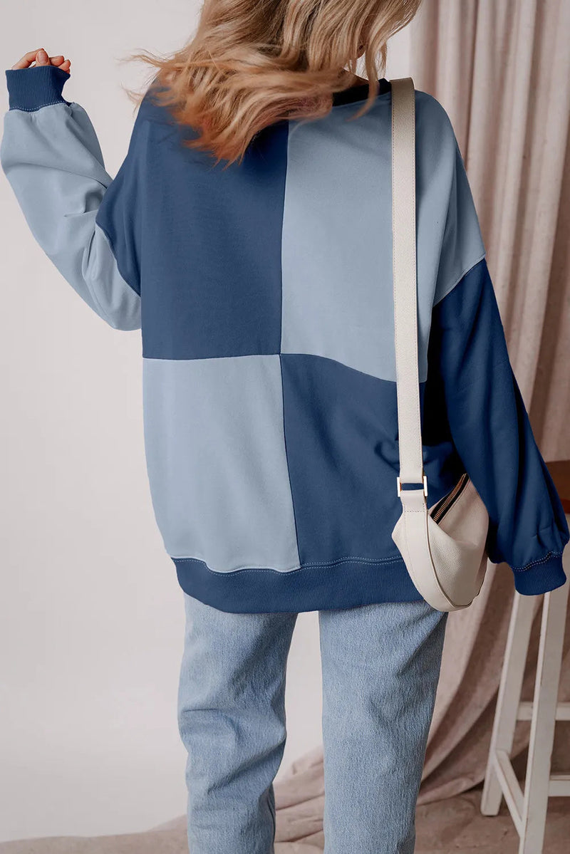 Beau Blue Colorblock Henley High Low Oversize Sweatshirt Bigbuy