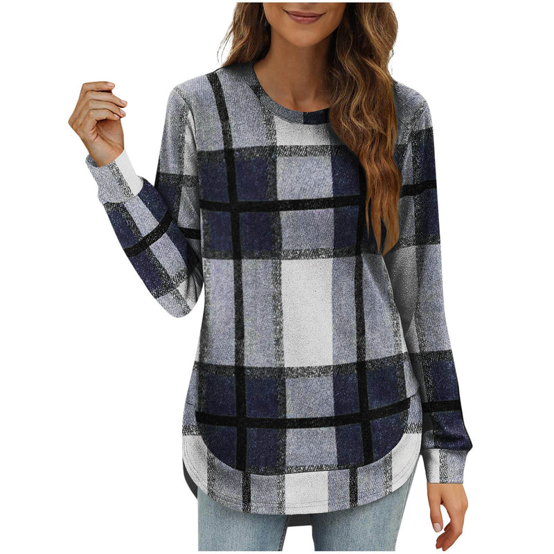 Women's Casual Loose Plaid Long Sleeve Round Neck Irregular Bottoming Shirt Top Bigbuy