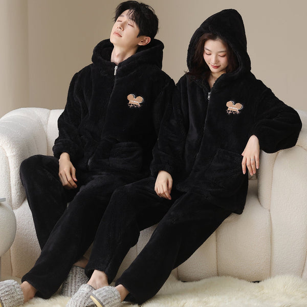 Plush Couple Pajamas Women's Winter Casual Zipper Hooded Outerwear Men's Homewear Suit Bigbuy