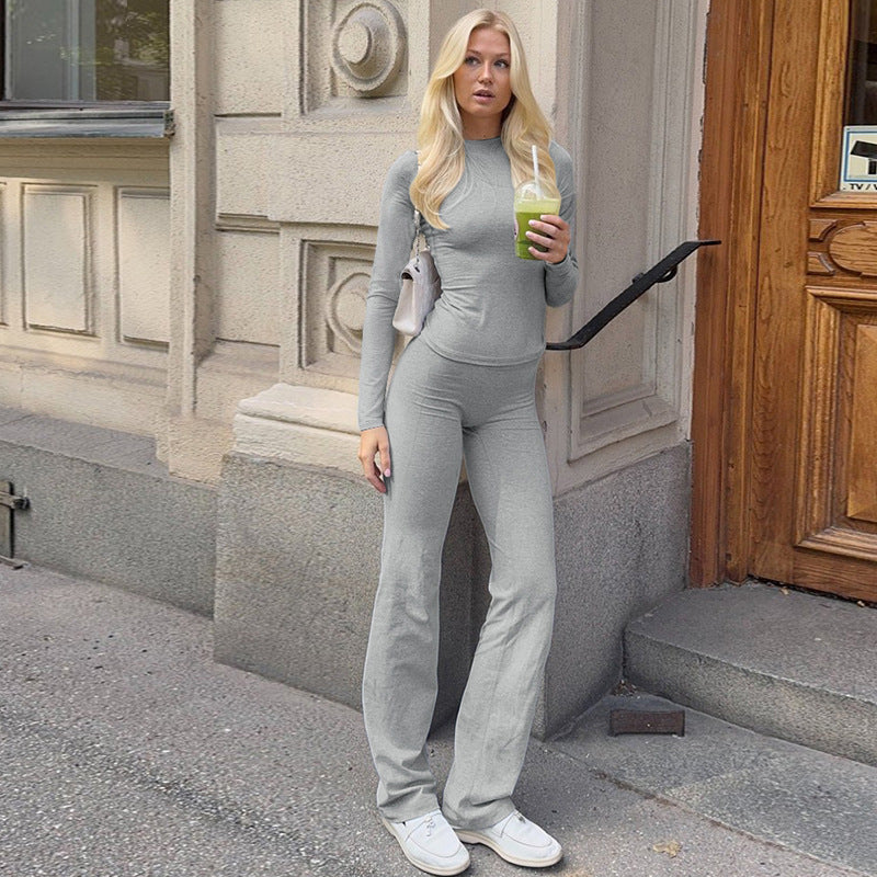 Fashion Casual Crew Neck Top Slim High Waist Bootcut Pants Solid Color Suit Bigbuy