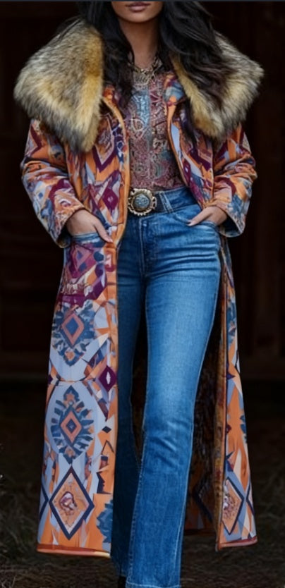 Fashion Retro Women's Coat, Warm Printed Long Coat Bigbuy