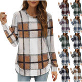 Women's Casual Loose Plaid Long Sleeve Round Neck Irregular Bottoming Shirt Top Bigbuy