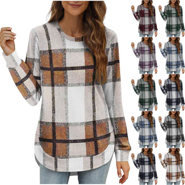 Women's Casual Loose Plaid Long Sleeve Round Neck Irregular Bottoming Shirt Top Bigbuy