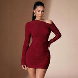 Women's Sexy Oblique Shoulder Party Solid Color Dress Bigbuy