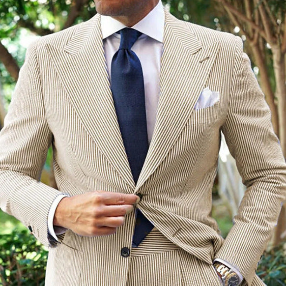 Men's Seersucker Striped Suit Two-piece Suit Bigbuy
