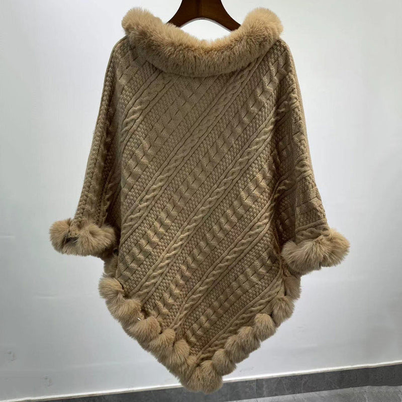 Fur Collar Oversized Knit Pullover Shawl Cloak Bigbuy