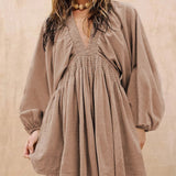 Smoke Gray Deep V Neck Bubble Sleeve Smocked Mini Dress Bigbuy