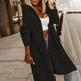 Women's Textured Hooded Longline Jacket, Solid Color Casual Oversized Top With Pockets For Fall & Winter Bigbuy