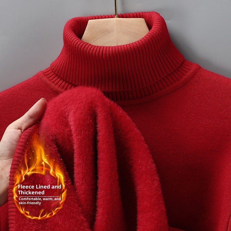 Men's Versatile Knitted Turtleneck Solid Color With Fur Sweater Bigbuy