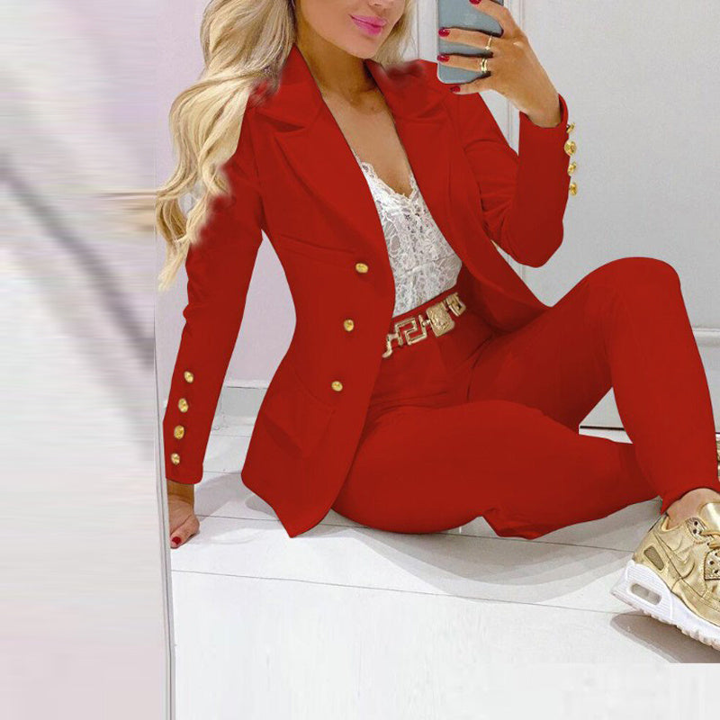 Women's Solid Color Notch Lapel Suit Set, Slim Fit Blazer With Pocket & Trousers, Formal Office Pant Suit Bigbuy