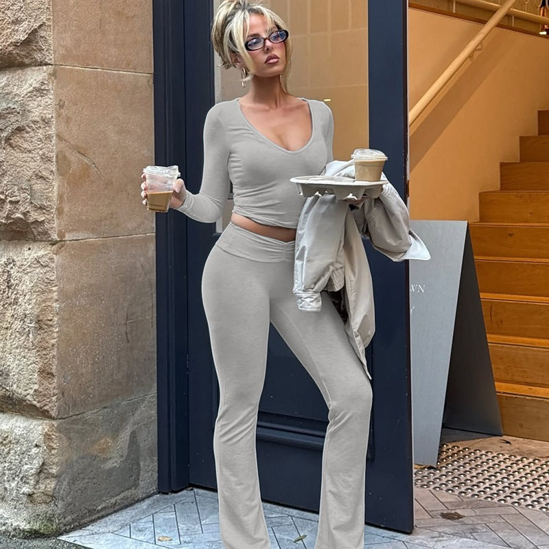 Fashion Midriff-baring Long Sleeve Top Waist-tight Solid Color Wide-leg Pants Suit Bigbuy