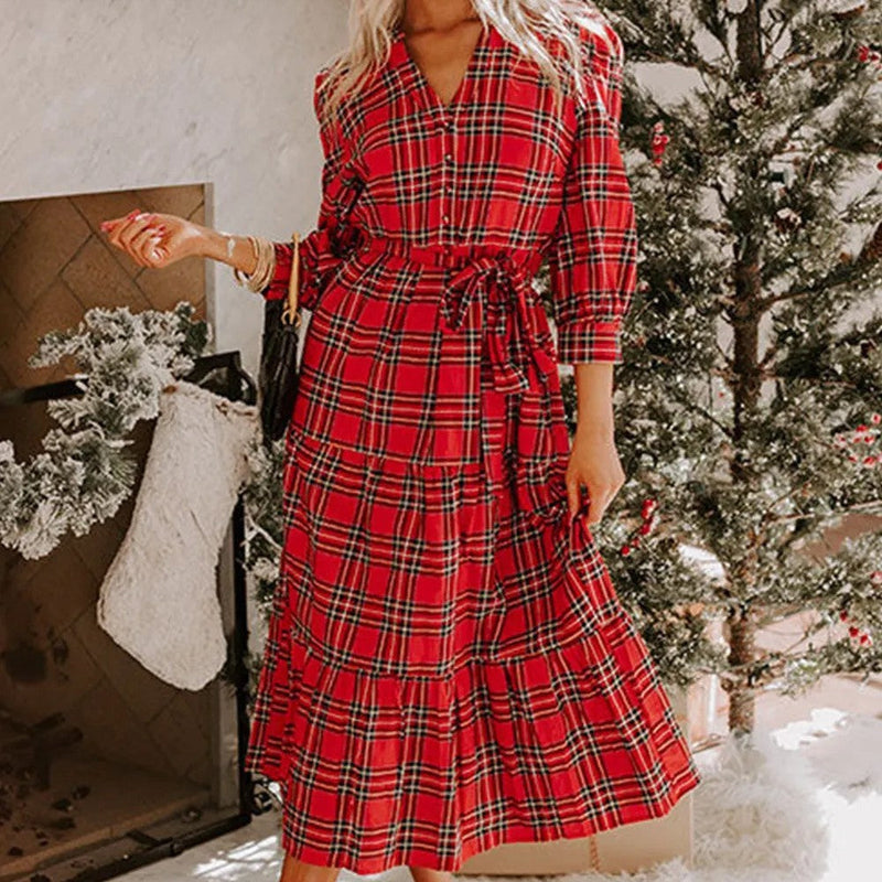 Red Christmas Plaid V-neck Dress Bigbuy