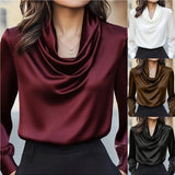 Women's Elegant Draped Neck Blouse, Solid Color Ruffle Detail Long Sleeve Shirt For Office And Formal Wear Bigbuy