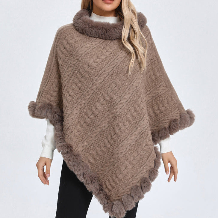 Fur Collar Oversized Knit Pullover Shawl Cloak Bigbuy