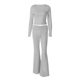 Fashion Midriff-baring Long Sleeve Top Waist-tight Solid Color Wide-leg Pants Suit Bigbuy