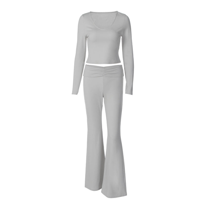 Fashion Midriff-baring Long Sleeve Top Waist-tight Solid Color Wide-leg Pants Suit Bigbuy