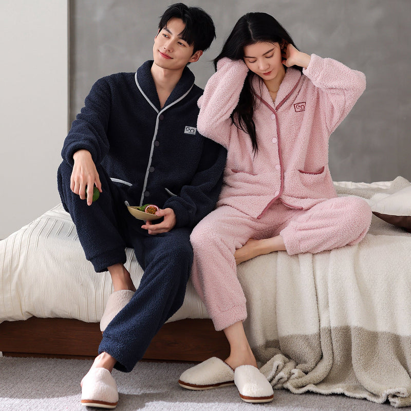 Flannel Thick Warm Long Sleeves Coral Fleece Couple Pajamas Suit Bigbuy