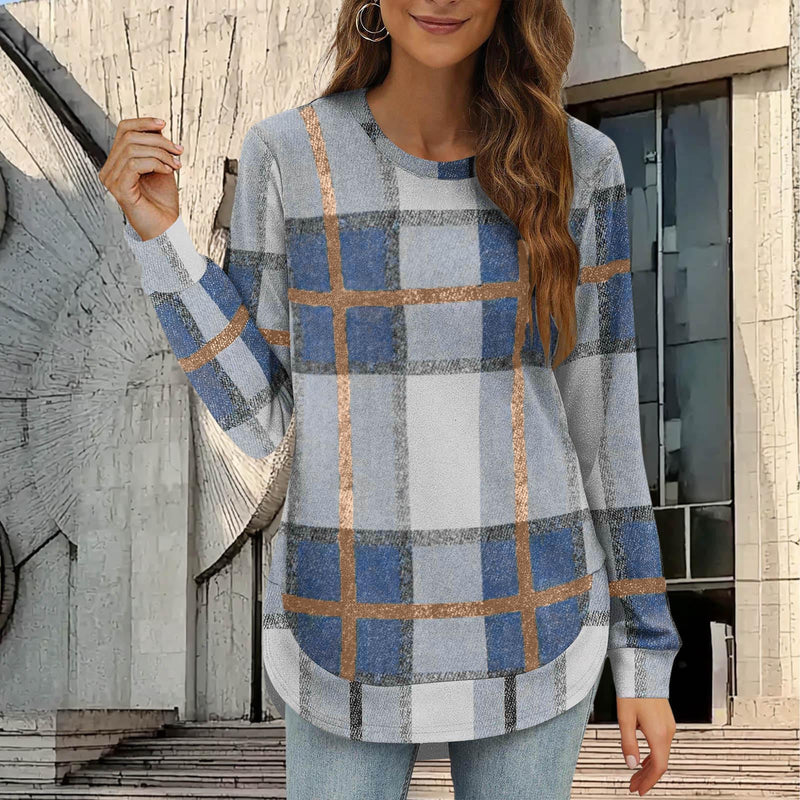 Women's Casual Loose Plaid Long Sleeve Round Neck Irregular Bottoming Shirt Top Bigbuy