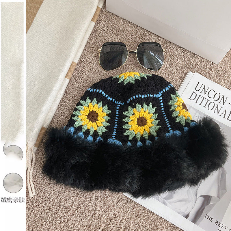 Rabbit Fur Knitted Warm-keeping And Cold-proof Handmade Crochet Bucket Hat Bigbuy