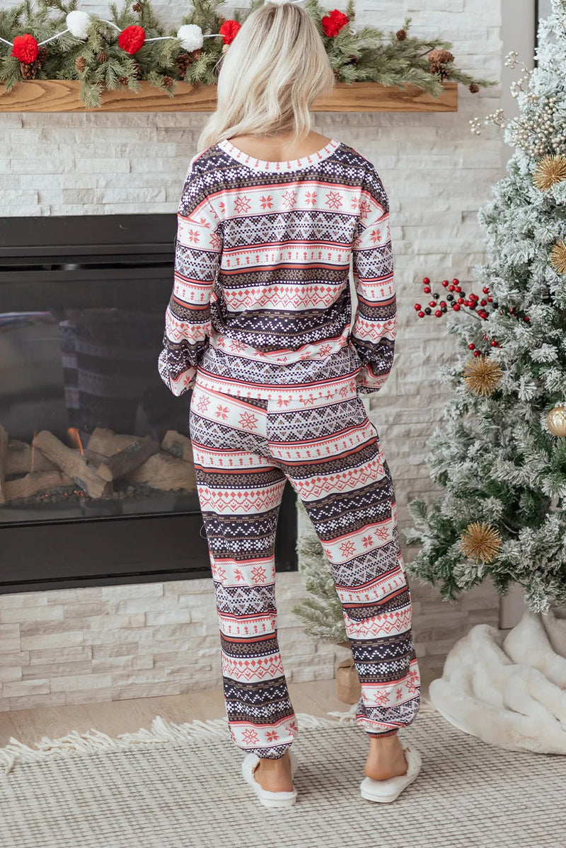 Black Retro Christmas Pattern Loose Pullover 2pcs Lounge Pant Set null