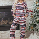 Black Retro Christmas Pattern Loose Pullover 2pcs Lounge Pant Set null