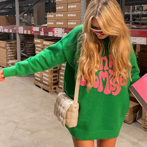 Round Neck Long Sleeve Letter Pattern Knitted Sweater Women's Pullover Bigbuy