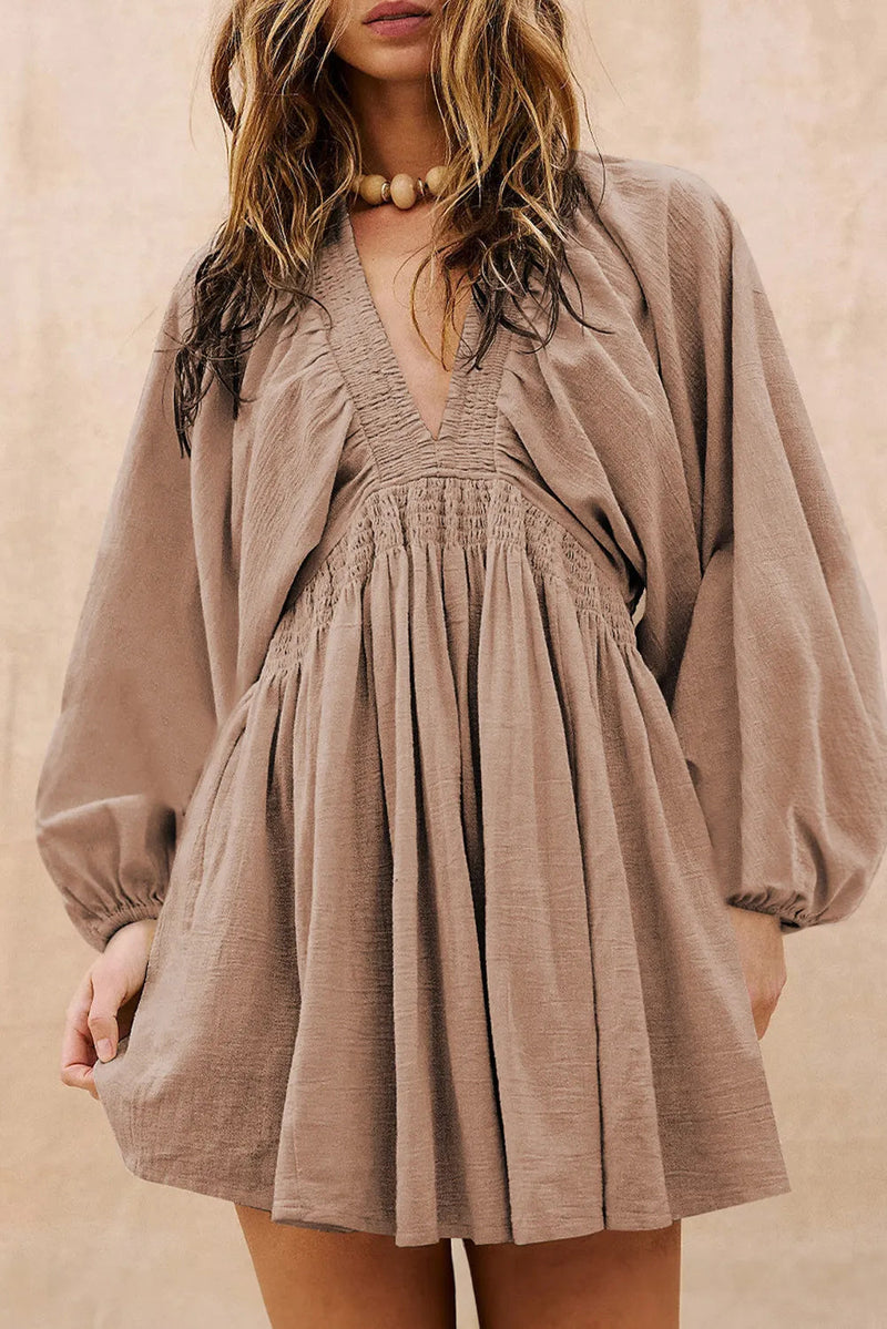 Smoke Gray Deep V Neck Bubble Sleeve Smocked Mini Dress Bigbuy
