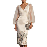 Mesh Stitching V-neck Digital Printed Dress Bigbuy