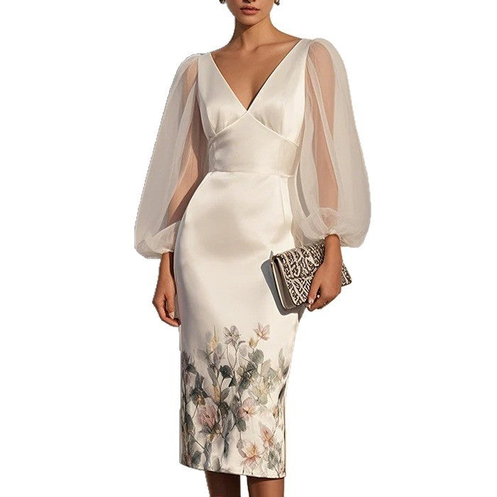 Mesh Stitching V-neck Digital Printed Dress Bigbuy