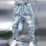 Men's New Light Blue Jeans Elastic Ankle Banded Pants Bigbuy