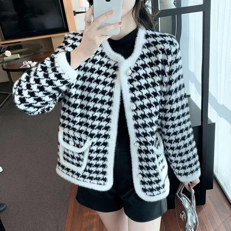 New Plaid Mink Velvet Coat Loose Flattering Knit Cardigan Sweater Bigbuy