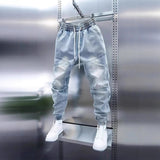 Men's New Light Blue Jeans Elastic Ankle Banded Pants Bigbuy