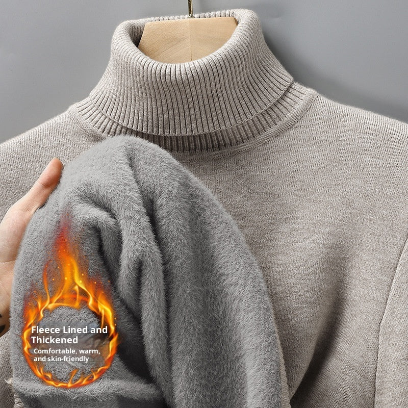 Men's Versatile Knitted Turtleneck Solid Color With Fur Sweater Bigbuy