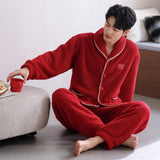 Flannel Thick Warm Long Sleeves Coral Fleece Couple Pajamas Suit Bigbuy