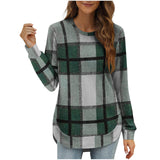 Women's Casual Loose Plaid Long Sleeve Round Neck Irregular Bottoming Shirt Top Bigbuy
