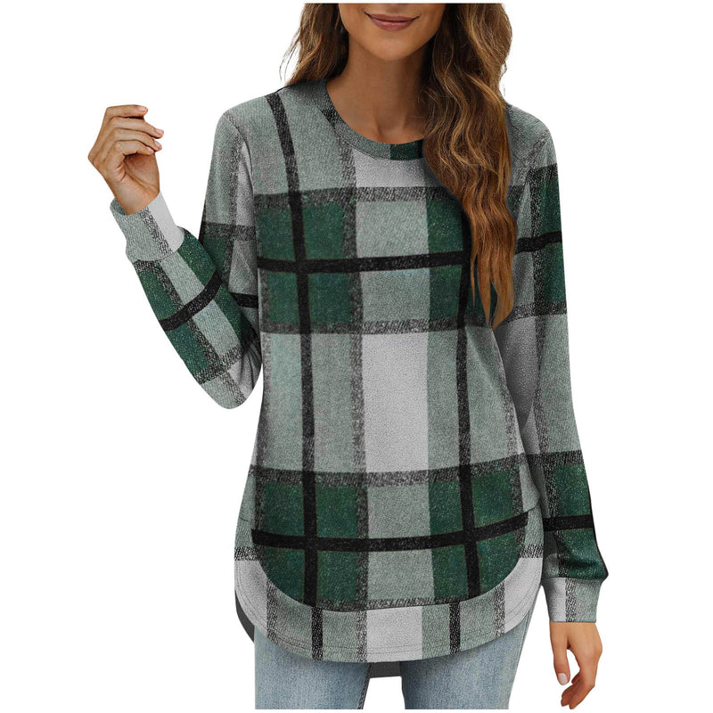 Women's Casual Loose Plaid Long Sleeve Round Neck Irregular Bottoming Shirt Top Bigbuy