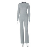 Fashion Casual Crew Neck Top Slim High Waist Bootcut Pants Solid Color Suit Bigbuy