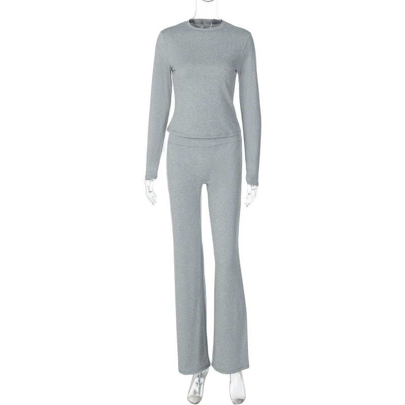 Fashion Casual Crew Neck Top Slim High Waist Bootcut Pants Solid Color Suit Bigbuy