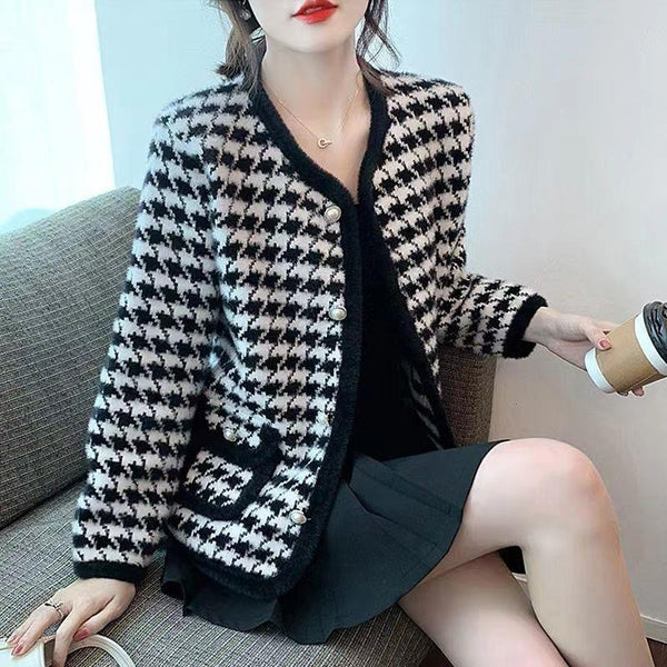 New Plaid Mink Velvet Coat Loose Flattering Knit Cardigan Sweater Bigbuy