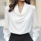 Women's Elegant Draped Neck Blouse, Solid Color Ruffle Detail Long Sleeve Shirt For Office And Formal Wear Bigbuy
